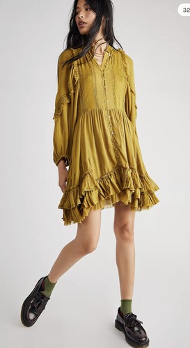 

Free People Fp One Многоуровневое винтажное кружевное платье с оборками и вставками из амброзии, Olive