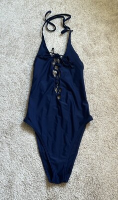 Aerie Maillot De Bain Navy Lace Up Deep Plunge Front One Piece Swimsuit   Size S