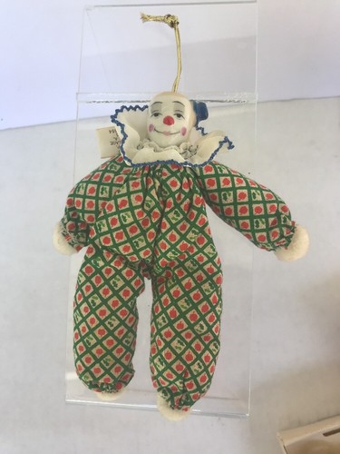 VINTAGE 1985 ENESCO set of 2 clown ornaments porcelain heads 6.5 