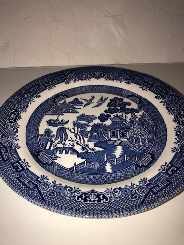 CHURCHILL BLUE WILLOW 3 PIECE SET PLATE CUP and SAUCER IN ORIGINAL BOX