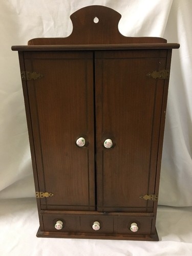VINTAGE WOOD WALL MOUNT SPOOL CABINET WITH DRAWERS