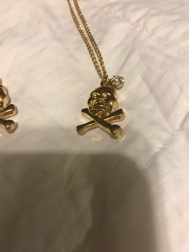 Lot Of 3 Gold Tone Skull Crossbone Necklaces And Rhinestone Earring Studs New