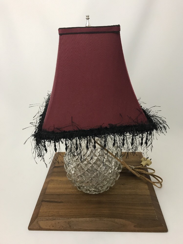 Vtg Antique Art Deco Crystal Cut Glass Table Lamp Burgundy Black Beaded Fringe