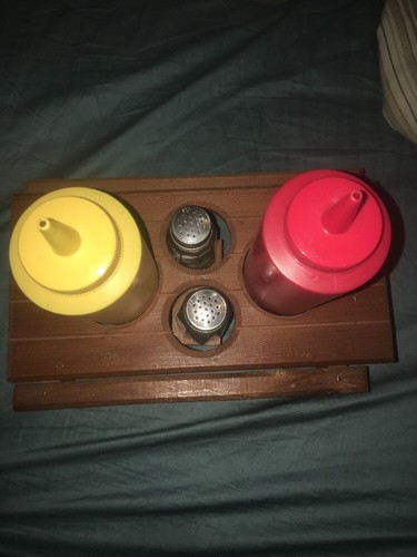 Picnic Table Condiment Caddy Holder 5 Piece Vintage, Ketchup, Mustard, S & P