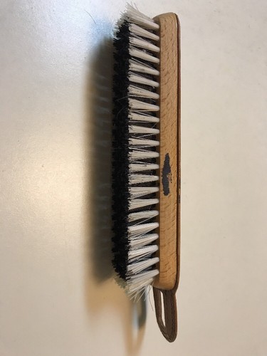 Vintage Man’s Brush Stuff Black White Bristles Brown Leather Back And Hanger