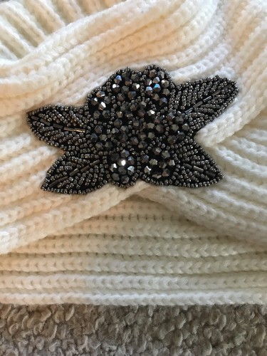 Off White Turban Hat Black Sparkle Flower