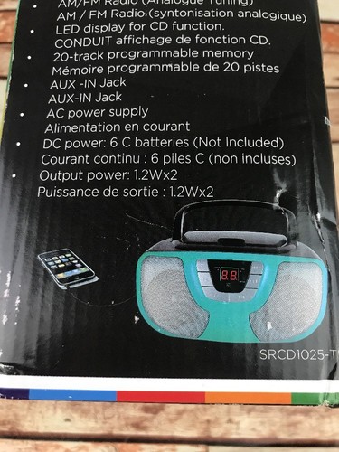 Sylvania Portable CD Player Boom Box with AM/FM Radio Teal Blue iPhone Ipod Jack