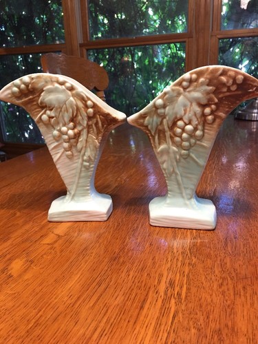 PAIR Vintage MCCOY Art Pottery VASE Grapes Aqua & Brown. Beautiful Perfect!!
