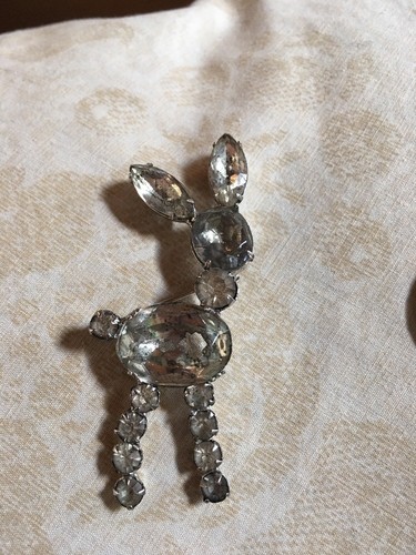 Vintage Silver Tone Christmas Reindeer Deer Pin Brooch Antique Darker Stones