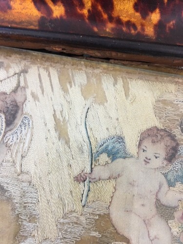 Antique English Silk Embroidered Painting Needlework Picture Cherubs Cross Lady