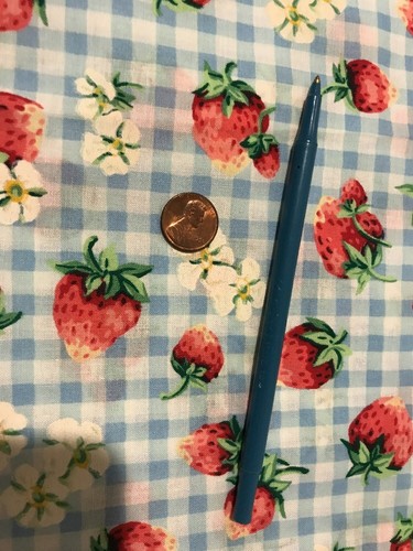VTG Cotton Gingham Strawberry Fabric Blue White Red 1+ yards Cranston 50 X 44
