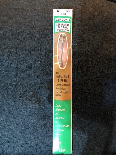 1960’s JP Coats Zipper 12” 16 Ecru Separating Metal Zipper Unused Sewing Craft