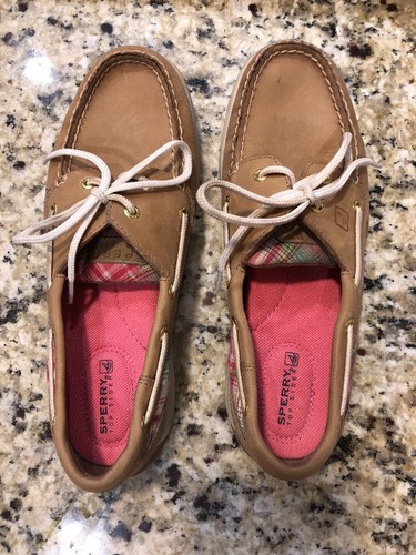 Women’s Sperry Top-Sider Tan Leather Pink Green Boat Deck Casual Shoes Sz 8.5