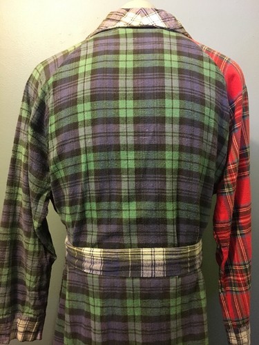 Vtg 90s Red Blue Flannel Bath Robe Plaid Cotton Camp Tartan Belt Bathrobe Lounge