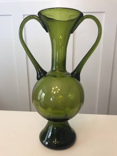 Large Vintage Blown Glass Olive Green Vase With Double Handle