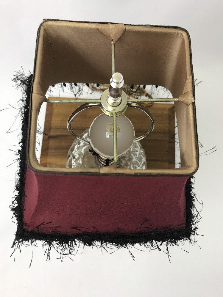 Vtg Antique Art Deco Crystal Cut Glass Table Lamp Burgundy Black Beaded Fringe