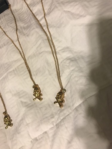 Lot Of 3 Gold Tone Skull Crossbone Necklaces And Rhinestone Earring Studs New