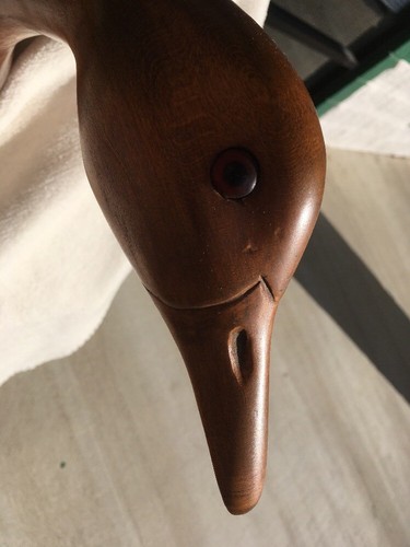 Vintage  Hand Carved Wooden Goose Decoy w/ Glass Eyes signed J. Holland 1981