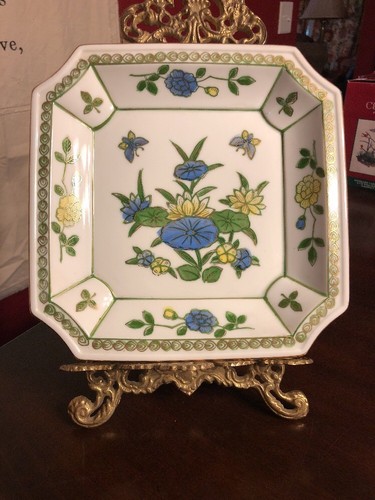 ANTIQUE Andrea by Sadek Blue & Yellow Morning Glory Flowers Vase & Plate Japan