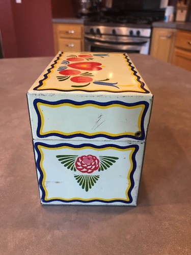 Vintage Tin Floral White Pink & Blue Floral  Ohio Art Co Recipe Box