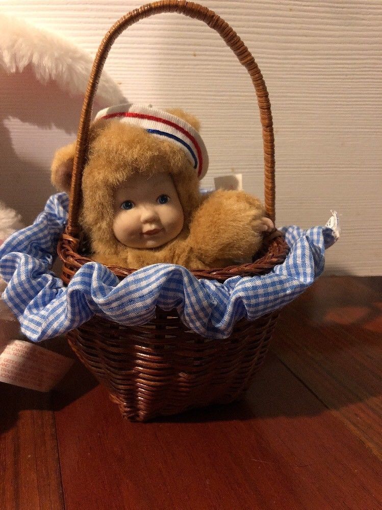 Lot Of 2 Anne Geddes Dolls 2005 White Bunny 2002 Bear In Basket Plush