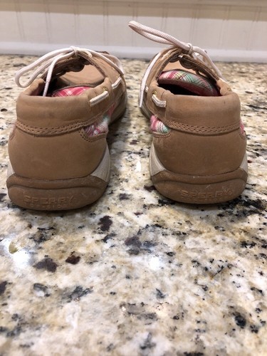 Women’s Sperry Top-Sider Tan Leather Pink Green Boat Deck Casual Shoes Sz 8.5