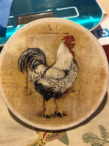 Lot of 4 Rooster Coasters Porcelain with cork bottoms /includes wooden stand