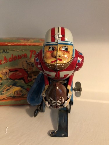 RARE Vintage 1950's Linemar Tin Wind Up Toy Mechanical TOUCHDOWN PETE w/ Box