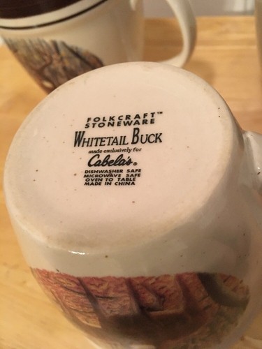 Cabelas Folkcraft Stoneware Whitetail Buck 3 Coffee Mugs Cups Cabin Wildlife Ani