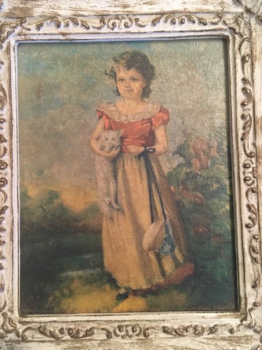 Vintage 1940s Children With Pets Shabby Chic Print White Gold Frame