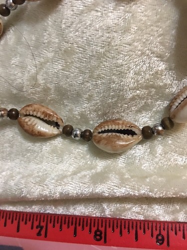 Vintage Cowry/Cowrie Shell Brown & Silver Bead Necklace, Hand-Strung Clear Line