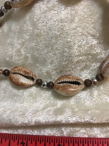 Vintage Cowry/Cowrie Shell Brown & Silver Bead Necklace, Hand-Strung Clear Line