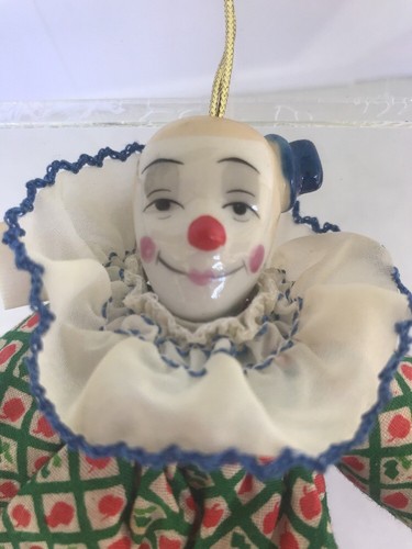 VINTAGE 1985 ENESCO set of 2 clown ornaments porcelain heads 6.5 