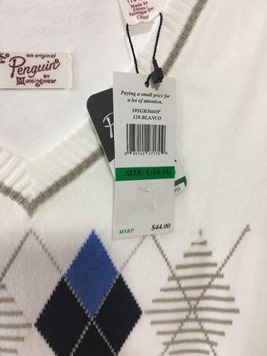 PENGUIN BY MUSINGWEAR BOYS ARGYLE CHEST SWEATER VEST WHITE/NAVY LG 14-16 NWT $44