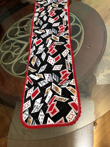 Handmade table runner /crocheted edging / deck of cards Print.Measures 11” x 43”