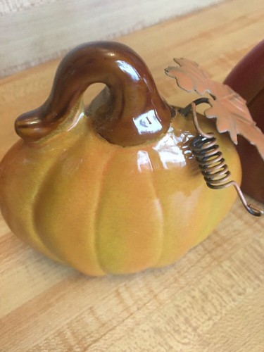 Pumpkin Figurines Set Of 3 Ceramic Metal Leaves 4.5, 5.5” Tall Thanksgiving Fall