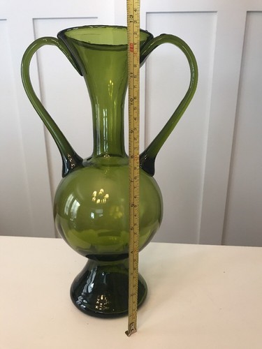 Large Vintage Blown Glass Olive Green Vase With Double Handle