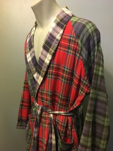 Vtg 90s Red Blue Flannel Bath Robe Plaid Cotton Camp Tartan Belt Bathrobe Lounge