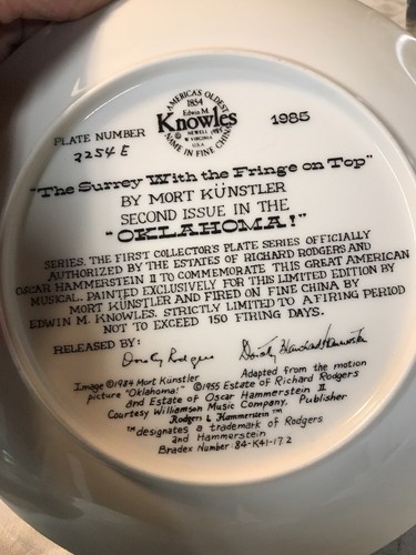 Knowles collector plate Oh, What a Beautiful Mornin' Oklahoma series Kunstler