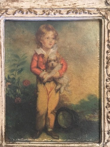 Vintage 1940s Children With Pets Shabby Chic Print White Gold Frame
