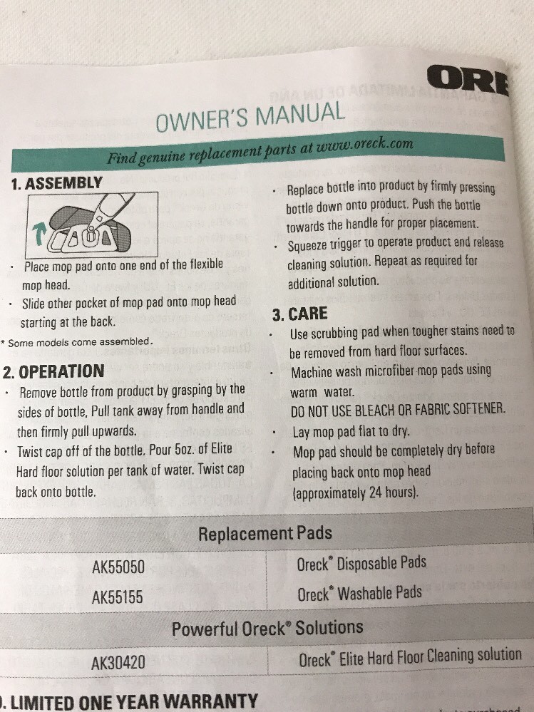 Oreck SpraySimple Spray Floor Mop Wood Tile Laminate Cordless Lightweight Gray