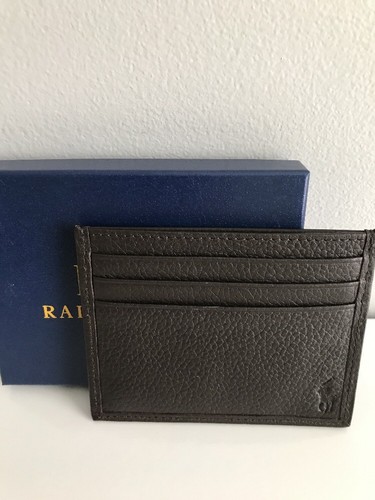 NIB Polo Ralph Lauren Metal Logo Leather Card Case  BROWN   GIFT BOX