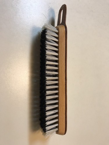 Vintage Man’s Brush Stuff Black White Bristles Brown Leather Back And Hanger