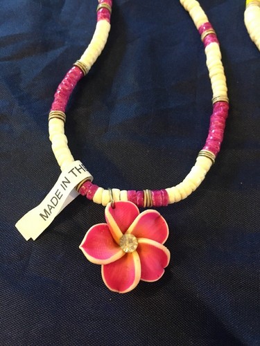 3-Puka Shell Tropical Floral Rhinestone Center-Pink, Yellow & Fuchsia Necklaces