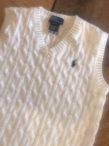 Ralph Lauren Polo Boys Size M 10-12 Sweater Vest White With Navy Polo