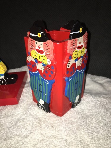 2 Clown Circus Wood Book-ends + Matching Pencil Holder Red Colorful Cute!!