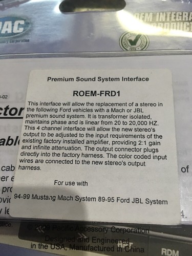 Roem-frd1 Pac Audio Ford Interface Harness Nib