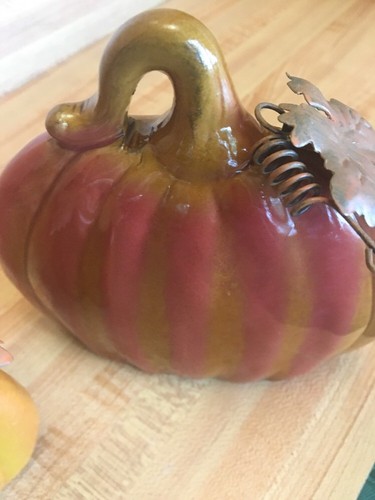 Pumpkin Figurines Set Of 3 Ceramic Metal Leaves 4.5, 5.5” Tall Thanksgiving Fall
