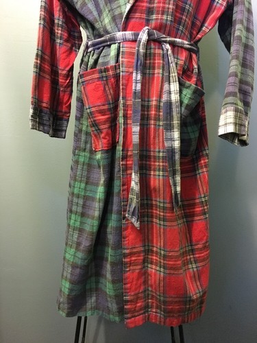 Vtg 90s Red Blue Flannel Bath Robe Plaid Cotton Camp Tartan Belt Bathrobe Lounge