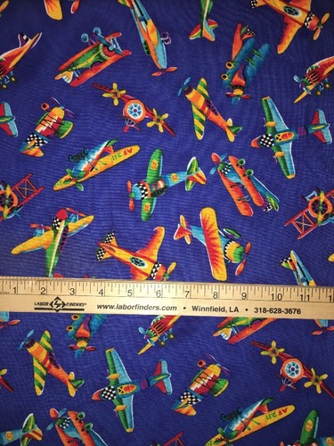 3+ Yards RED Yellow TURQUOISE Airplanes on BLUE Hoffman International Fabrics